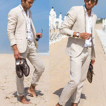 2022 Summer Linen Beach Wedding Suits For Men Groom Classic Men's Suit Beige Tuxedo 2 pieces Smart Casual Mens Jacket Pants Set 2024 - buy cheap