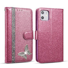 Bling strass borboleta glitter couro carteira caso do telefone para o iphone 11 12 pro 12mini 7 8 plus x xs max xr se 2020 flip cover 2024 - compre barato