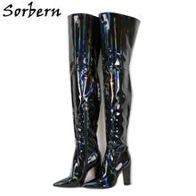 Sorbern Black Holographic Mid Thigh High Boots Women Pointy Toes Block Heels Custom Wide Fit Calf Plush Linning Winter Shoes 2024 - buy cheap