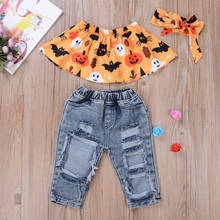 Toddler Baby Girl Clothes 3PCS Off Shoulder Cartoon Vest Denim Hole Pants+Headband Set Halloween Clothing Outfits 6M-4Y 2024 - buy cheap