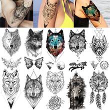 Pegatina de tatuajes temporales para adultos y niñas, tatuajes geométricos con cara de lobo negro, pasta de tatuajes impermeable para mujeres y hombres, arte corporal 2024 - compra barato