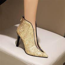 2021 New Women Bling Sequin Ankle Boots Fashion High Heel Zip golden silver Wedding Thin Heel Short Botas Mujer 2024 - buy cheap