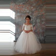Elegant White Flower Girl Dresses Lace Appliques Bow Back Half Sleeves Round Neck Blush Ball Gown Little Angels Party Gowns 2024 - buy cheap