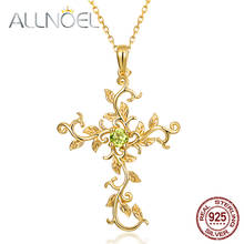 ALLNOEL Natural Peridot Cross Vine Flower Pendant Necklace For Women Real 925 Sterling Silver Gold Color Vintage Jewelry Gifts 2024 - buy cheap