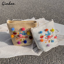 Cute Hair Ball Embroidery Handbag Woven Straw Beach Bag For Women Summer Fashion Rattan Shoulder Bag Classic Elegant Bucket Bag 2024 - buy cheap