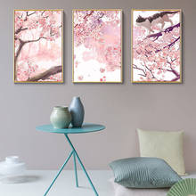 Картина вишневого цветка, розовый японский пейзаж, холст, плакаты и принты, милая кошка, настенные картины для декора детской спальни 2024 - купить недорого