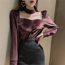 2020 Women Bottoming Blouse New Spring Autumn Sweet Velvet Patchwork Mesh Shirt Female Long Sleeve Blouses Short Tops AB2005 2024 - buy cheap