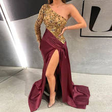 Arabic Evening Dresses with Gold Beads One Shoulder Long Sleeves Sexy Side Spit Satin Prom Gown Dubai Party Dresses 2020 2024 - buy cheap