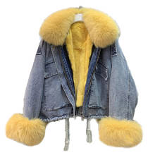 Women's Denim Jacket With Fur Natural Fox Fur Collar Cuff Real Rex Rabbit Fur Lining Winter Female Warm Jackets Bomber Windbreak 2024 - buy cheap