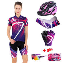 Ropa de ciclismo de verano para mujer, Conjunto de Jersey de bicicleta para mujer, con puños y casco Anti-UV para Mtb, equipo de equitación 2024 - compra barato