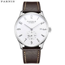 Parnis 41.5mm mostrador branco mecânico automático relógio masculino à prova dwaterproof água calendário pulseira de couro relógios masculinos relogio masculino 2020 2024 - compre barato