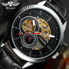 Relógios automáticos winner masculinos, relógio dourado transparente de esqueleto, movimento mecânico, relógio de pulso de couro preto, presente 2024 - compre barato