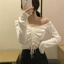 Fashion Sexy Off Shoulder Women Long Sleeve Solid Color Strapless Drawstring Long Sleeve Slash Neck Shirts Blouses Female Tops 2024 - buy cheap