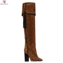 Botas femininas de veludo cano alto, sapatos de inverno bico fino salto quadrado marrom sobre o joelho, calçados longos para mulheres plus size 35-45 2024 - compre barato