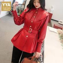 Designer 100% Genuine Leather Jacket Women Autumn Slim Sweet Sheepskin Windbreakers Streetwear Red Office Lady Sashes Coat 2024 - buy cheap