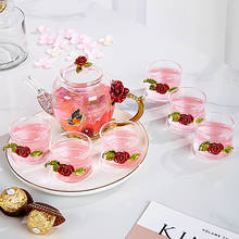 Conjunto de chá de cristal vermelho rosa, conjunto de copo de vidro esmaltado para bule de chá flor, xícaras de vidro para bebidas quentes e frias, conjuntos de presentes para escritório em casa 2024 - compre barato