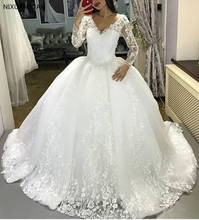 Custom Made Elegant 2022 Sexy V-Neck Princess Wedding Dress Ball Gown Fluffy Long Sleeve Lace Appliques Bridal Dress 2024 - buy cheap