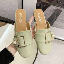 Metal Buckle Summer Women Shoes Woman Square Cover Toe Slippers Female Mules Low Heels Solid Leather Sexy Ladies Shoes Slides 2024 - buy cheap