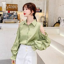 Trytree 2020 Весенняя женская блузка, повседневная, с отложным воротником, с открытыми плечами, однобортная, с расклешенными рукавами, однотонная, модная, свободная блузка 2024 - купить недорого