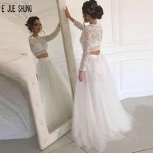 E JUE SHUNG Newest Two Pieces Wedding Dresses O Neck Long Sleeves Zipper Back Lace Top Boho Bride Dresses Vestidos De Novia 2024 - buy cheap