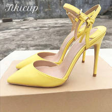 Tikicup-Sandalias de charol con punta estrecha para mujer, zapatos de vestir con correa en el tobillo, color amarillo claro, a la moda, para fiesta, Verano 2024 - compra barato