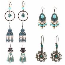 Brincos gota de borla boho antigos para mulheres, retro, étnico, flor geométrica, esculpido, pedra azul, brinco de contas da índia, jhumka 2024 - compre barato