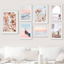 Pink Cherry Blossoms Magnolia Ocean Bulb Wall Art Canvas Painting Nordic Posters And Prints Wall Pictures For Living Room Decor 2024 - buy cheap
