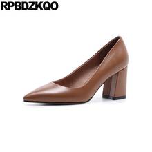 Zapatos de lujo de diseñador grueso para mujer, calzado con punta puntiaguda marrón, de piel auténtica, 3 pulgadas, tacón grueso, talla 4 34, China, 2021 2024 - compra barato