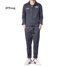 Men's Denim Jumpsuits Dark Gray Lapel Long Sleeve Text Embroidery Jeans Streetwear Overalls Fashion Casual Trousers Cargo Pants 2024 - buy cheap