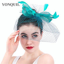 Sombrero de malla con velos para mujer, tocado de malla con lazo Sinamay, a la moda, accesorios para el cabello de carrera de plumas de lujo para mujer 2024 - compra barato