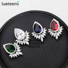LUOTEEMI Fashion Flower Leaf Brand Jewelry White Cubic Zirconia Big Green CZ Stud Earrings For Women Wedding Wholesale Item Gift 2024 - buy cheap
