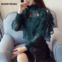 Spring Summer Women Hollow Out Floral Mesh Shirt Blouse 2021 Casual Long Sleeve Ruffle Tops Korean Elegant Lace Office Shirts 2024 - buy cheap
