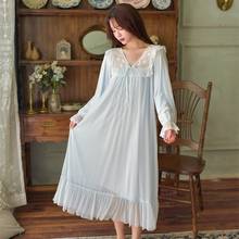 Soft Modal Women's Lace Long Nightgowns Vintage White Lace Princess Long Sleeve Long Sleepwear Solid Color Nighty Spring Autumn 2024 - buy cheap