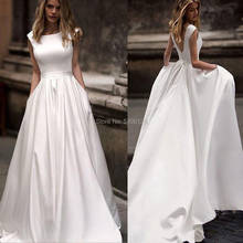 Трапециевидные атласные свадебные платья с карманами 2020 Vestido de Novia белые свадебные платья без рукавов Формальное длинное платье для невесты без спинки 2024 - купить недорого