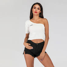 2019 summer European and American sexy oblique collar strapless T-shirt Slim fashion wild knitted embroidery shirt female 2024 - buy cheap