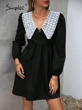 Simplee роскошное Черное женское летнее платье с пышными рукавами, v-образным вырезом и кружевным воротником, свободное винтажное мини-платье с высокой талией vestido 2022 2024 - купить недорого