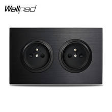 Wallpad L6 Black Double EU French Wall Electrical Power Socket Satin Aluminum Frame 3x6 Plate, 146 * 86 mm 2024 - buy cheap