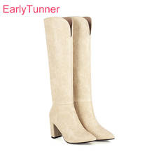  Winter Brand New Elegant Beige Pink Women Knee High Boots Sexy High Sqaure Heels Lady Dress Shoes Big Size 11 43 45 48 2024 - buy cheap