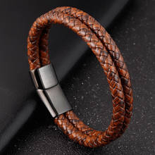 Pulseira de couro genuíno de 6mm, trança geométrica de aço vintage com dupla camada de design perfeito, moda masculina e feminina para presente de aniversário 2024 - compre barato