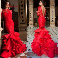 Red Long Sleeve Lace Mermaid Evening Dresses Party Plus Size Ladies Women Prom Formal Dresses Evening Gown 2024 - buy cheap