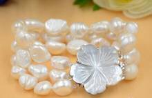 3ROW 8" 8-10mm BAROQUE WHITE FRESHWATER PEARL BRACELET & shell Flower clasp@^Noble style Natural Fine jewe >>free shipping 2024 - buy cheap