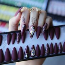 Salon matte Long Stiletto Burgundy Fake nails crystal coffee glitter false nails full set press on nails 24pcs custom box nails 2024 - buy cheap