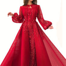 Red Evening Dresses A-line Long Sleeves Tulle Appliques Beaded Dubai Saudi Arabia Long Prom Dress Gown Robe De Soiree 2024 - buy cheap