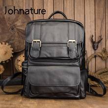 Johnature Leisure Genuine Leather Men Backpack 2021 New Solid Color Travel Bag Fashion Large Capacity Cowhide Laptop Backpack 2024 - buy cheap