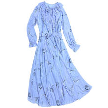 2020 Новое весеннее летнее дымчатое синее платье супер Феи французское длинное платье с длинными рукавами большой размер свободное платье с цветочным рисунком M276 2024 - купить недорого