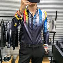 Korean Spring New 2021 Colorful Striped Print Shirts Men Clothing Long Sleeve Simple Slim Fit Casual Club Prom Tuxedo Black 3XL 2024 - buy cheap