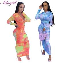 Feminino casual tie dye print manga longa ruched bodycon tornozelo-comprimento vestido sexy bandagem zíper festa de noite vestidos longos 2024 - compre barato