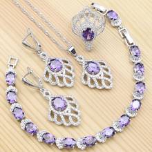 Conjuntos de joyas de plata 925 para mujer, pulseras/Collar/colgante/pendientes/anillo de circonia cúbica púrpura de cristal blanco 2024 - compra barato