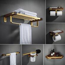 Acessórios de banheiro conjunto de suporte da escova de vaso sanitário, prateleira de canto, suporte de papel, toalha, ganchos conjunto de hardware de banheiro de madeira dourada 2024 - compre barato