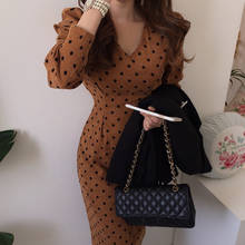 Vintage Elegant Polka Dot Women Long Dress Spring Autumn New Fashion Long Sleeves Dresses V Neck Slim Lace Up Vestidos 2024 - buy cheap